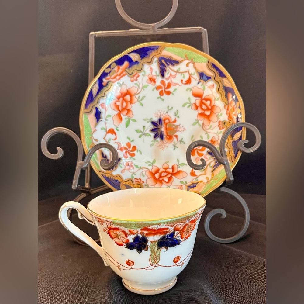 Vintage Imari Style Teacup & Saucer Set - Cobalt Blue & Orange Floral Porcelain